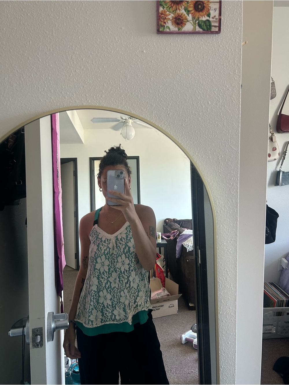 Beta house white and teal floral lace tank